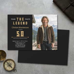 Convites Homem Mito Lenda Preto Dourado Ousado Moderno 50º 