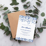 Convites Homens de confete branco azul-marinho de aniversár<br><div class="desc">Um moderno,  elegante e convite. Um fundo branco decorado com confete azul. Personalize e adicione um nome e detalhes. Texto azul.</div>