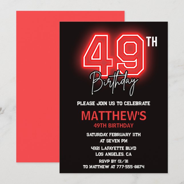 Convites Homens Esporte Neon Preto Vermelho 49º aniversário (Frente/Verso)