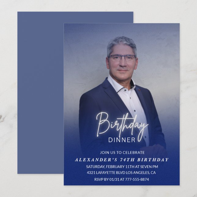 Convites Homens Jantam Marinho de fotos azul 74 anos (Frente/Verso)