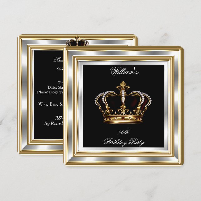 Convites Homens Preto Dourado Prata Aniversário Príncipe Re (Frente/Verso)