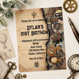 Convites Homens Steampunk Vintage Aniversário de 21 anos St