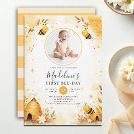 Convites Honey Bee-Day Watercolor Floral Photo 1st Birthday