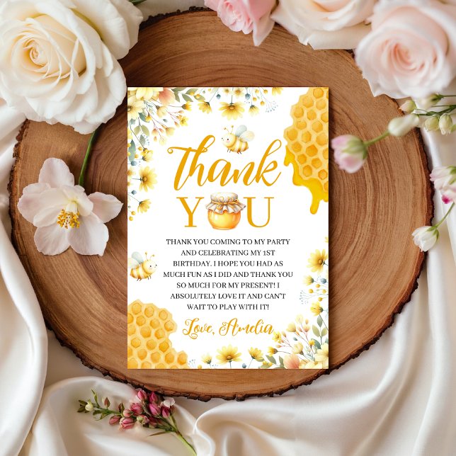 Convites Honey Bee First Birthday Thank You Card (Criador carregado)