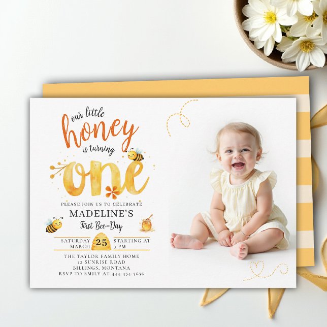 Convites Honey Bee Heart Whimsical Cute Photo 1st Birthday (little honey bee one first birthday photo invitation wildflowers watercolor summer whimsical heart)