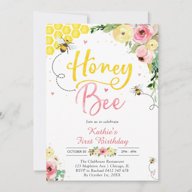 Convites Honey One Honey Bee 1st Birthday Invitation (Frente)