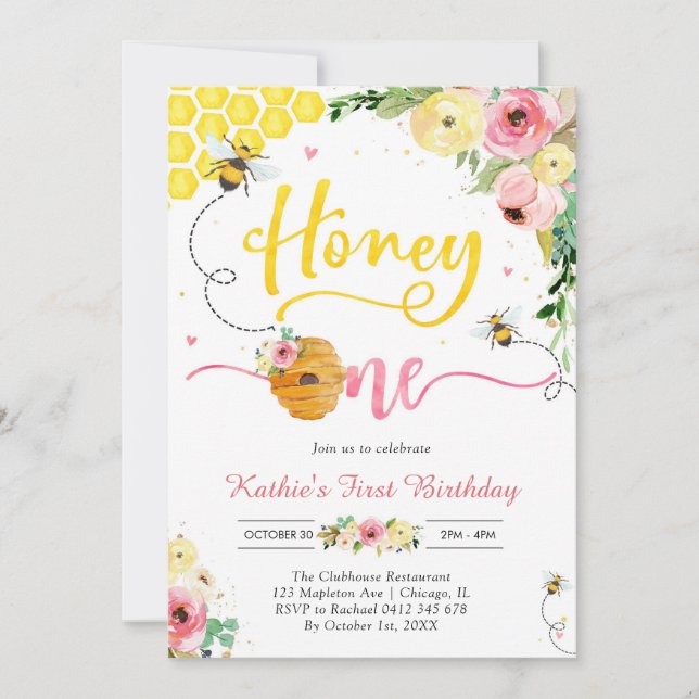 Convites Honey One Honey Bee 1st Birthday Invitation (Frente)