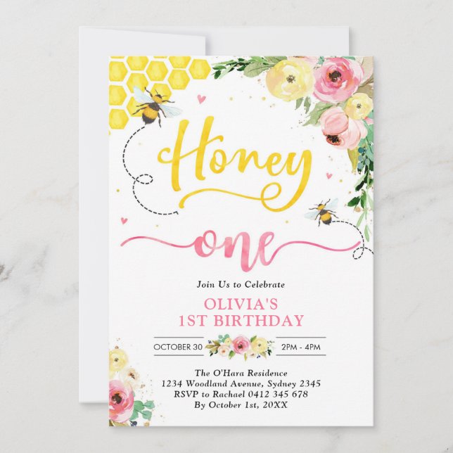 Convites Honey One Honey Bee 1st Birthday Invitation (Frente)