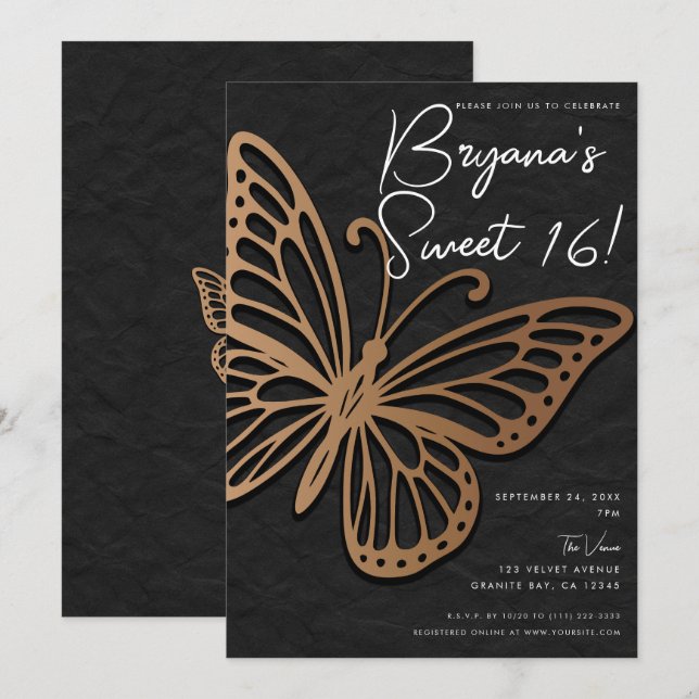 Convites Honeywind Marrom Preto Boho Borboleta Doce 16  (Frente/Verso)