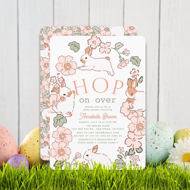 Convites Hop on Over Bunny Boho Floral Girl Baby Shower (Criador carregado)