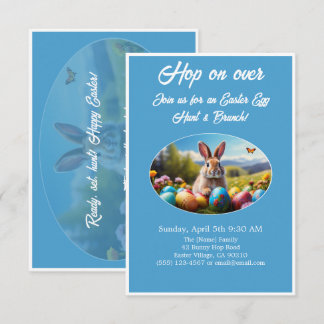 Convites Hop on Over Egg Hunt Brunch Easter Rabbit blue - 