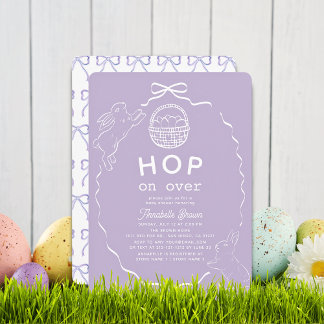 Convites Hop on Over Lavender Bow Bunny Baby Shower