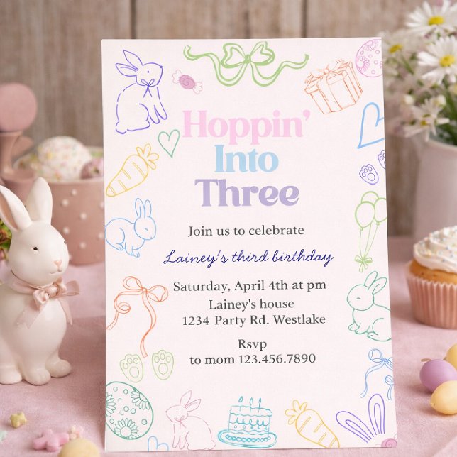 Convites Hoppin’ Into Three Birthday Invitation – Bunny 3rd (Criador carregado)