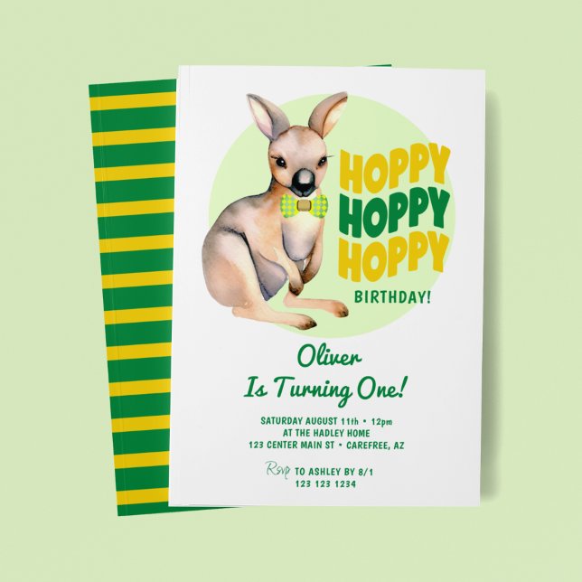 Convites Hoppy Birthday Kangaroo primeiro aniversario (Criador carregado)