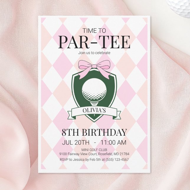 Convites Hora da Par-Tee Pink Golf Festa de 8 Anos (Time to Par-Tee Pink Golf 8th Birthday Party Invitation)