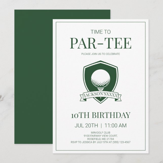 Convites Hora de Par-Tee de Golfe Festa de 10 Anos (Frente/Verso)