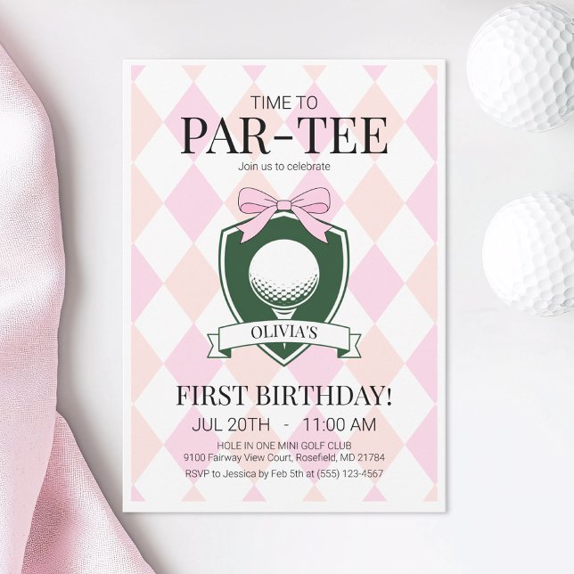 Convites Hora de Par-Tee Golf Rosa Primeira Festa de aniver (Time to Par-Tee Pink Golf First Birthday Party Invitation)