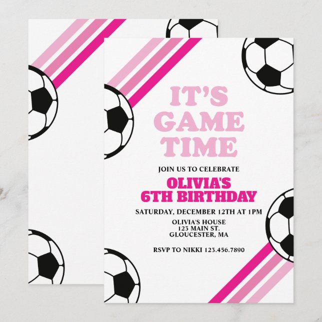 Convites Hora do Jogo de Futebol Faixa Rosa Aniversário (Frente/Verso)
