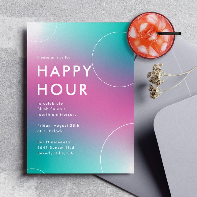 Convites Hora feliz do gradiente moderno (Aqua) (modern corporate happy hour party invitation in aqua and pink)