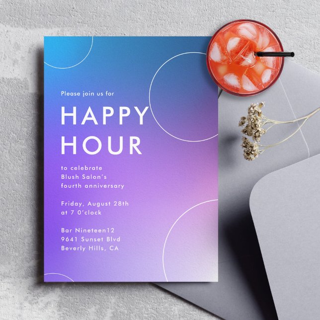 Convites Hora feliz do gradiente moderno (azul) (a modern gradient happy hour party invitation for corporate events)
