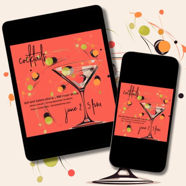 Convites Hora Moderna do Meio século Whimsso (Whimsical mid century modern martini and olives customizable house or birthday party invitation.)