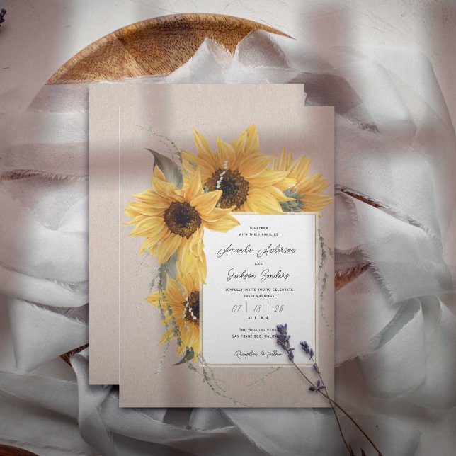 Convites Horário de girassol, Casamento rústico no celeiro  (COuntry watercolor Sunflower themed, barn rustic wedding invitations.)
