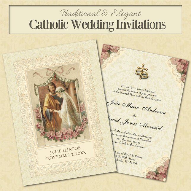 Convites Horário de Noiva Católica Tradicional (Traditional Catholic Wedding Invitations with a vintage image of the betrothal of Mary and Joseph)