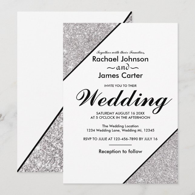 Convites Horas modernas de prata elegantes em fundo branco (Frente/Verso)