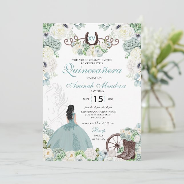 Convites Horferradura Floral Verde Quinceañera Ocidental (Em pé/Frente)