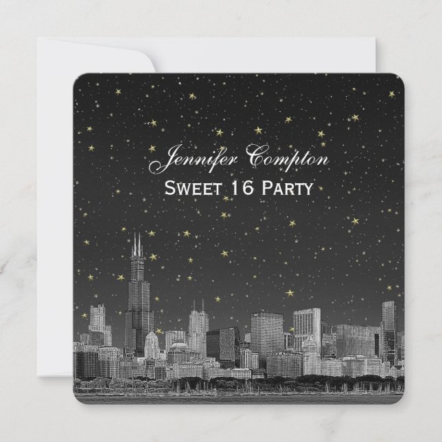 Convites Horizonte de Chicago Etch Gray Starry SQ Sweet 16 (Frente)