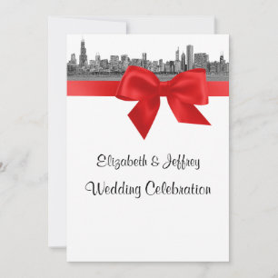 Convites Horizonte de Chicago Gravado BW Casamento Vermelho