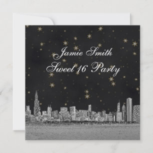 Convites Horizonte de Chicago Preto Dourado Estrela Sweet 1