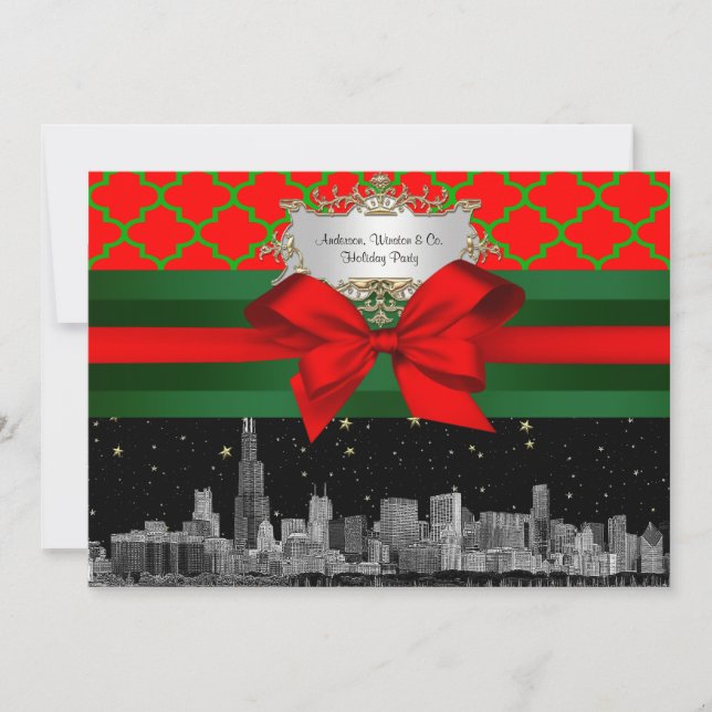 Convites Horizonte de Chicago, Quatrefoil Natal Vermelho Ve (Frente)