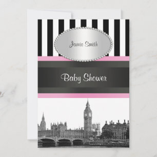 Convites Horizonte de Londres BW Blk Wht Strp Pink Baby Sho