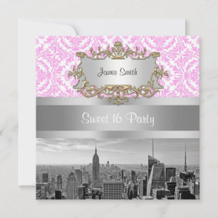 Convites Horizonte de NY Cidade BW D4P Rosa Damask Branco