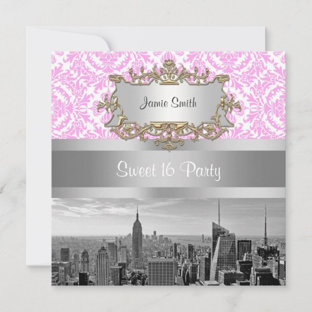 Convites Horizonte de NY Cidade BW D4P Rosa Damask Branco (Frente)