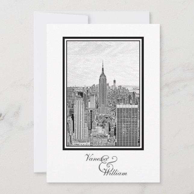 Convites Horizonte de NY Cidade ESB BW Gravado Casamento (Frente)