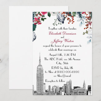 Convites Horizonte de NYC ESB Etch Burg Blu Floral Casament