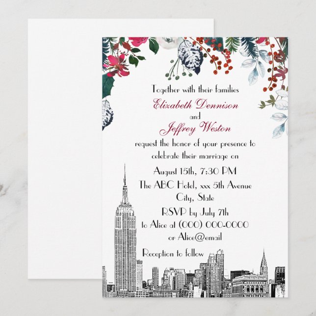 Convites Horizonte de NYC ESB Etch Burg Blu Floral Casament (Frente/Verso)