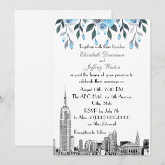 Convites Horizonte de NYC ESB Etch Casamento Floral Azul Ci