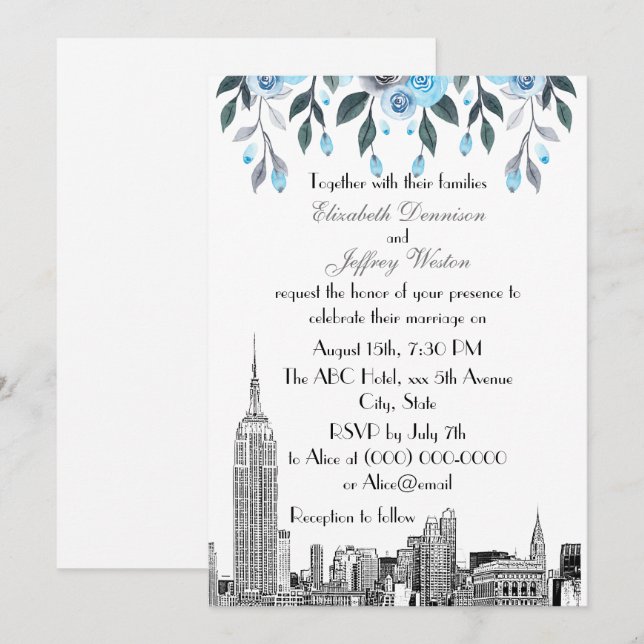 Convites Horizonte de NYC ESB Etch Casamento Floral Azul Ci (Frente/Verso)