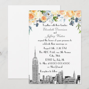 Convites Horizonte de NYC ESB Etch Casamento Floral em Tons
