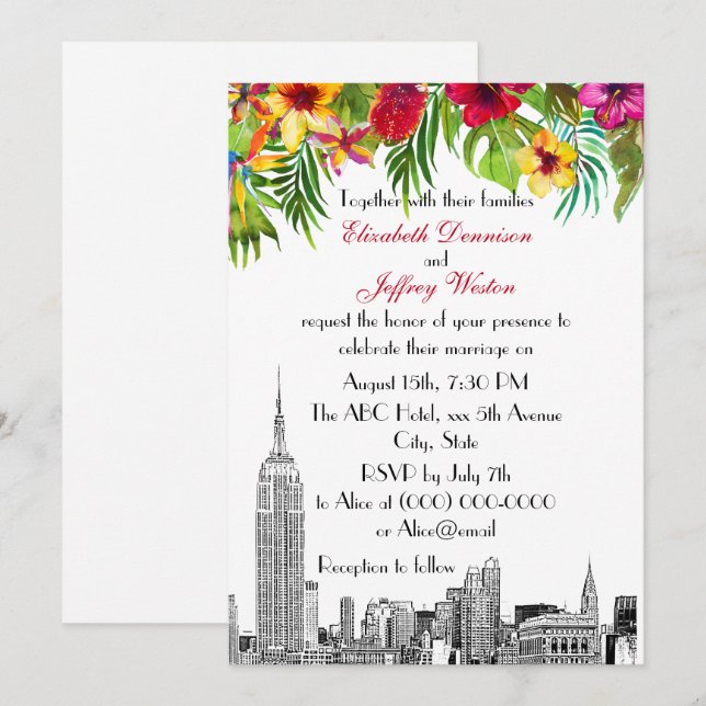 Convites Horizonte de NYC ESB Etch Casamento Floral Tropica (Frente/Verso)