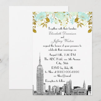 Convites Horizonte de NYC ESB Etch Dourado Floral Casamento