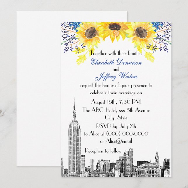 Convites Horizonte de NYC ESB Etch Girassol #2 Floral Casam (Frente/Verso)