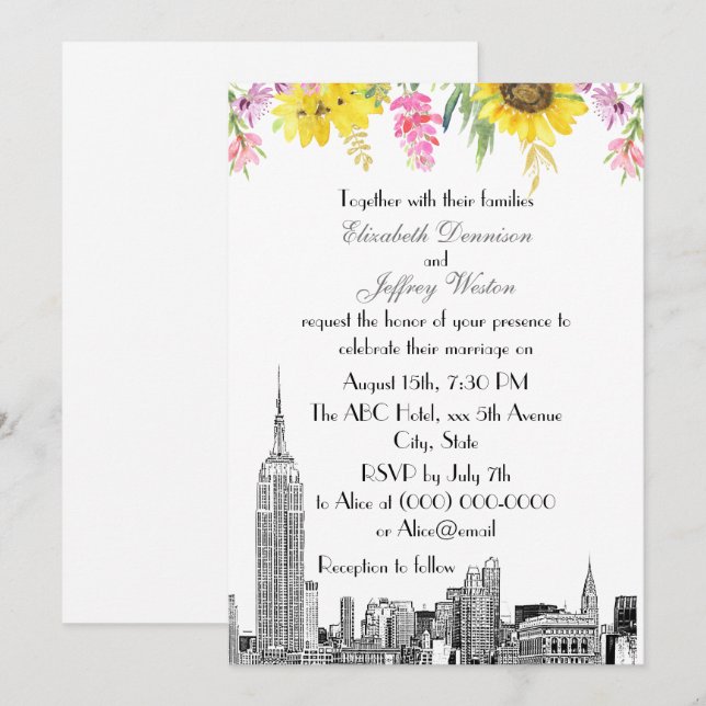 Convites Horizonte de NYC ESB Etch Girassol Rosa Flor Casam (Frente/Verso)