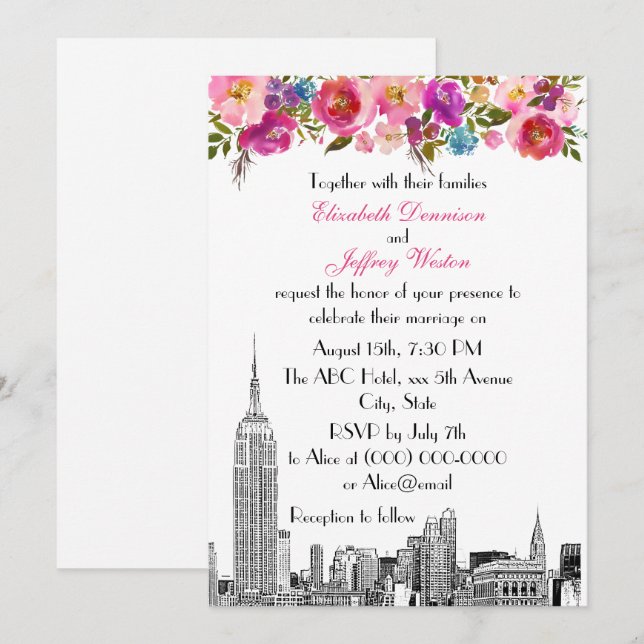 Convites Horizonte de NYC ESB Etch Primavera Rosa Floral Ca (Frente/Verso)