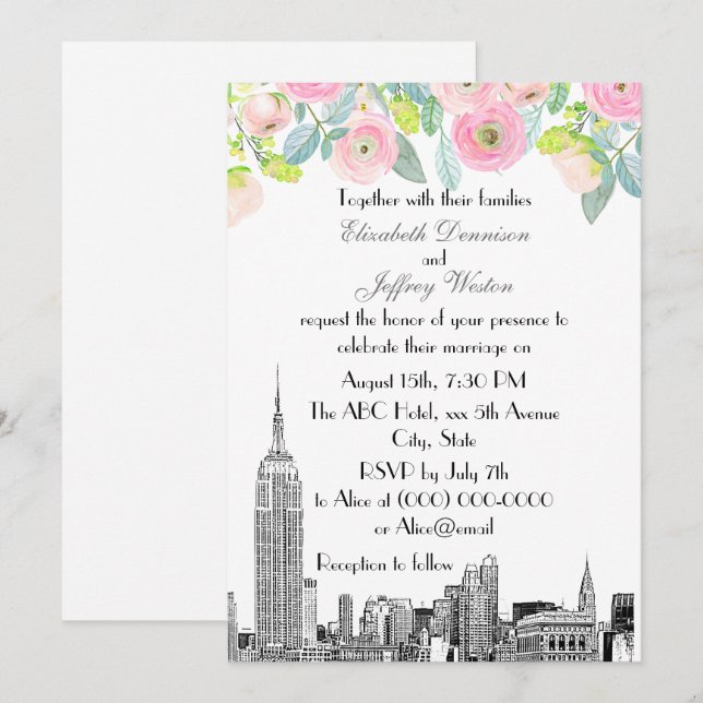 Convites Horizonte de NYC ESB Etch Ranunculus Rosa Flor Cas (Frente/Verso)