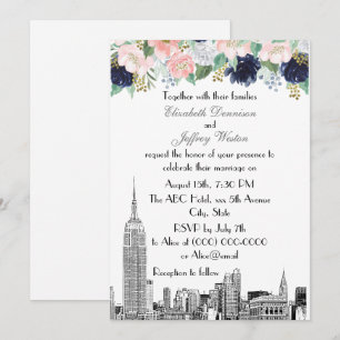 Convites Horizonte de NYC ESB Etch Rosa Azul Dourado Floral