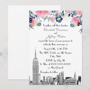 Convites Horizonte de NYC ESB Etch Rosa Azul Floral Casamen